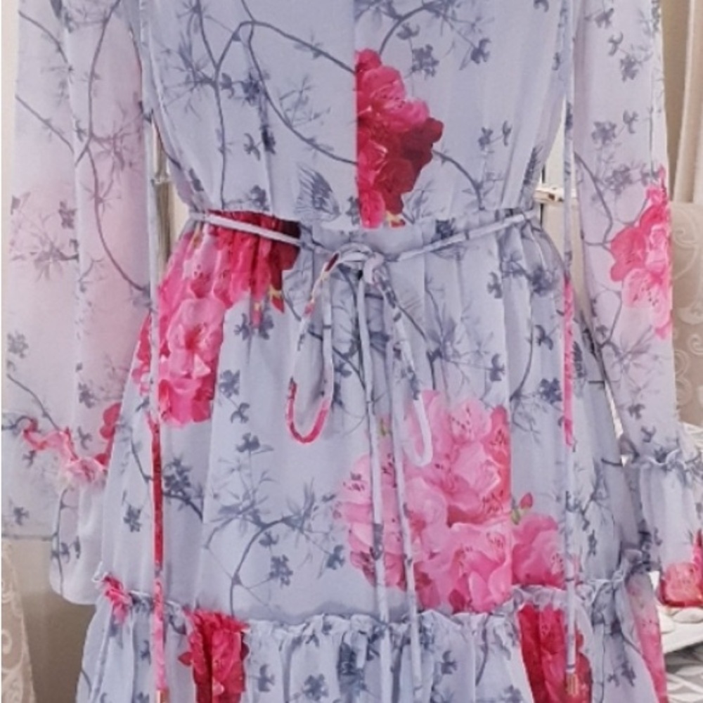 Ted Baker Gray and Purple Ruffled Sundress 3/4 Bishop Sleeve